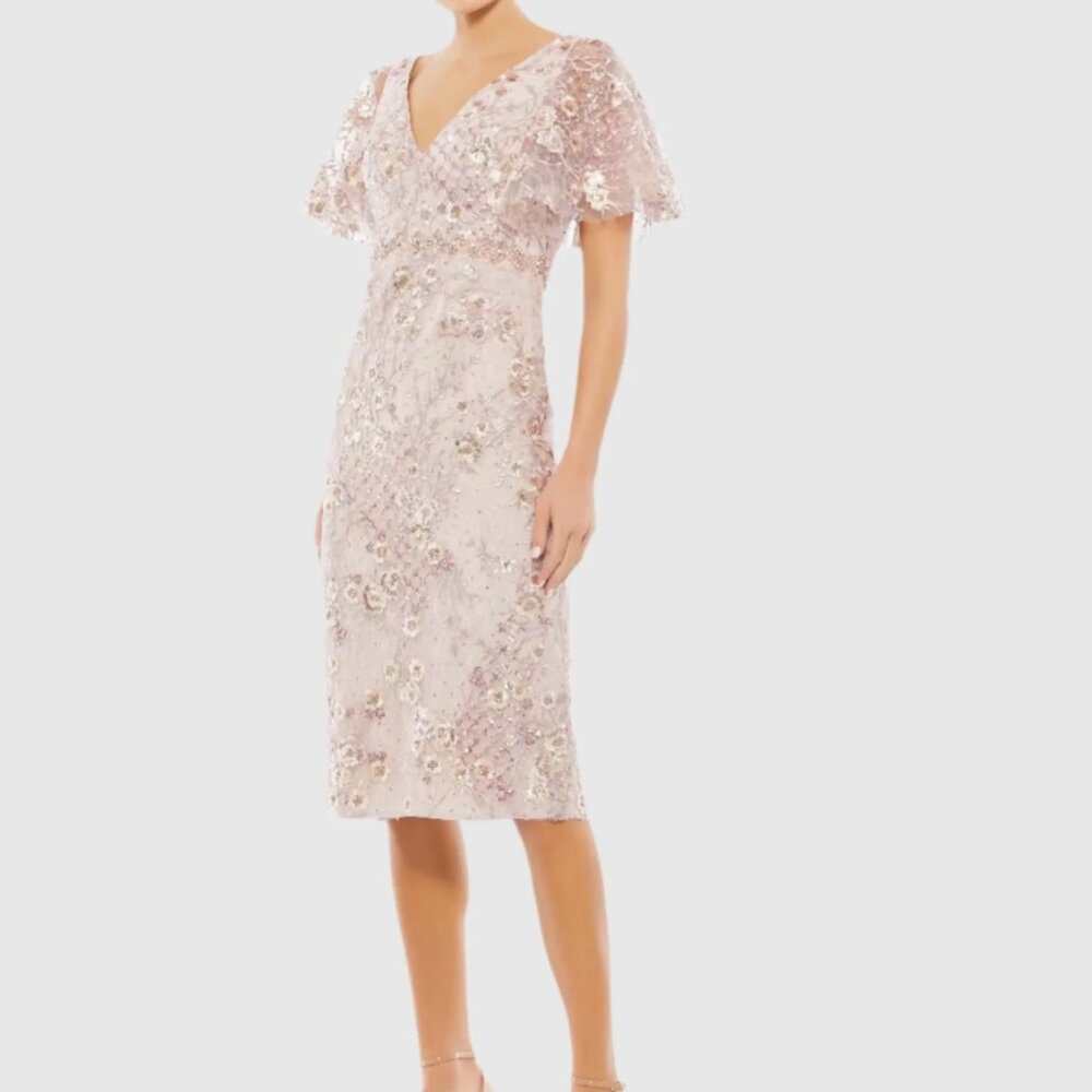 Pink Embellished Illusion Butterfly Sleeve Column Midi Dress